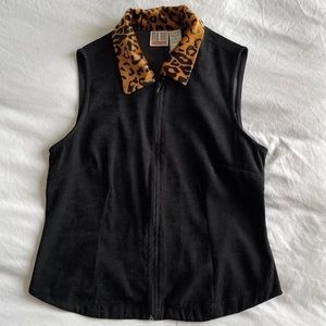 Vintage 90s black faux suede zip up vest cheetah print collar